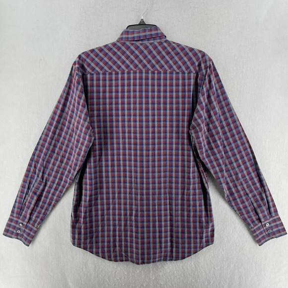 Zachary Prell Button Up Shirt Mens Sz L Navy Blue Red Plaid Collared Pockets - Picture 2 of 10